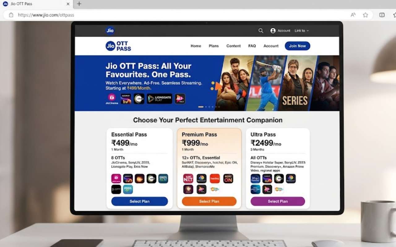 Jio OTT Pass benefits showing OTT apps and live TV channel access on mobile
